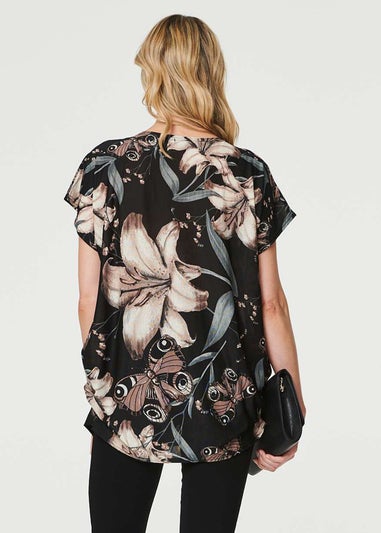 Izabel London Black Floral Butterfly Print T-Shirt