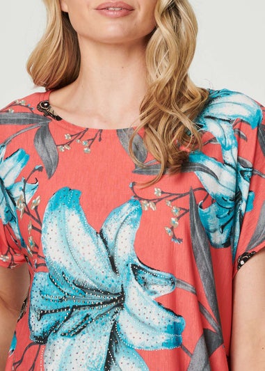 Izabel London Coral Floral Butterfly Print T-Shirt