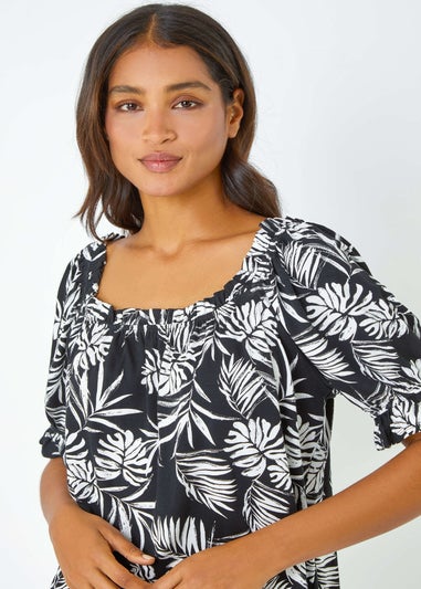 Roman Black Shirred Bardot Palm Print Top