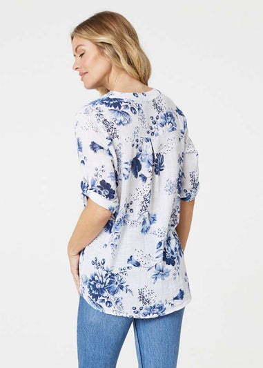 Izabel London Blue Floral Roll Sleeve Blouse Top