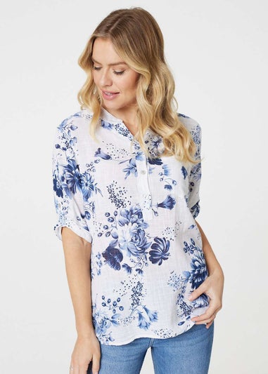 Izabel London Blue Floral Roll Sleeve Blouse Top
