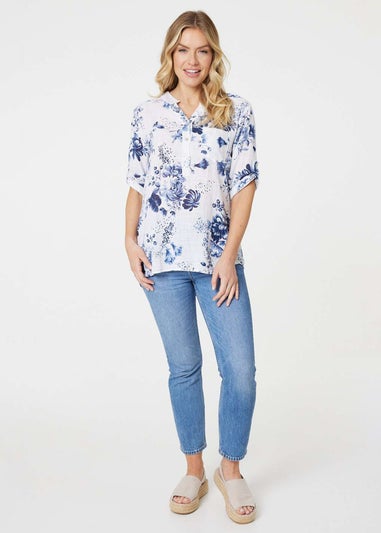 Izabel London Blue Floral Roll Sleeve Blouse Top