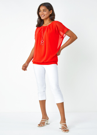 Roman Orange Chiffon Jersey Blouson Top with Necklace