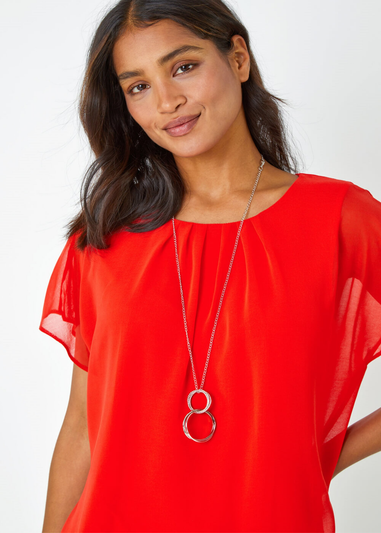 Roman Orange Chiffon Jersey Blouson Top with Necklace