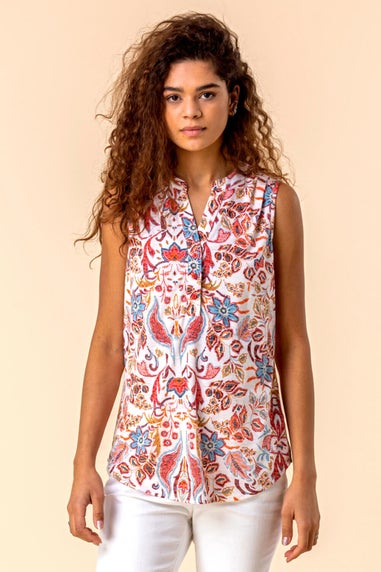 Roman Red Paisley Floral Print Sleeveless V-Neck Top