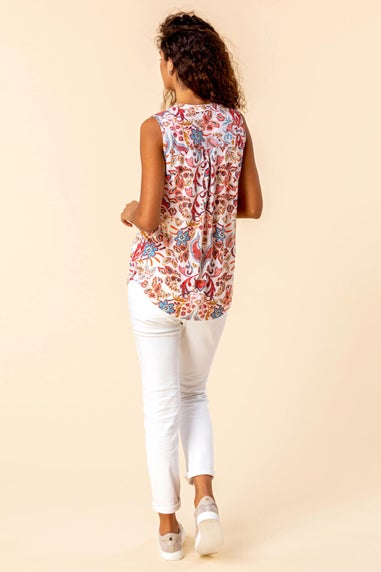 Roman Red Paisley Floral Print Sleeveless V-Neck Top