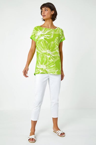 Roman Lime Linear Floral Print Stretch T-Shirt