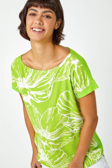 Roman Lime Linear Floral Print Stretch T-Shirt