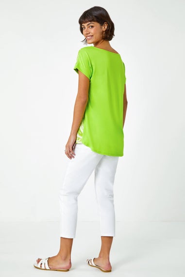 Roman Lime Linear Floral Print Stretch T-Shirt