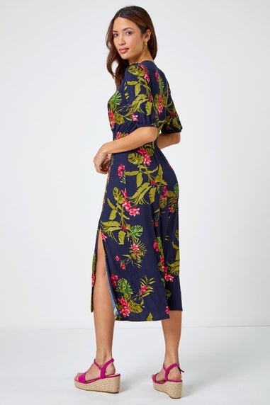 Roman Pink Tropical Print Stretch Wrap Midi Dress