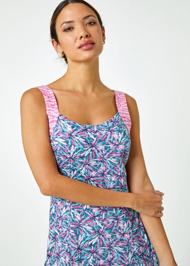 Roman Pink Sleeveless Contrast Floral Print Dress