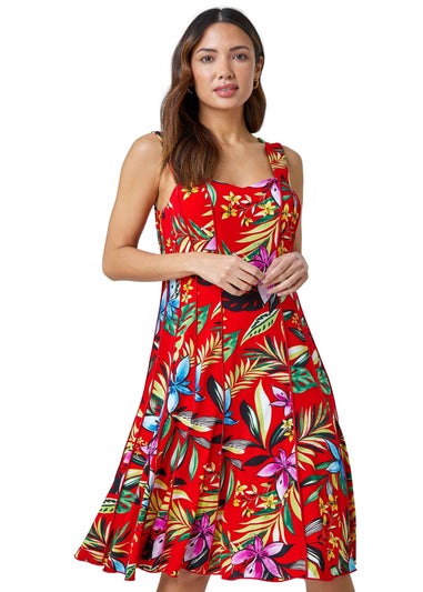 Roman Red Sleeveless Floral Panel Stretch Dress