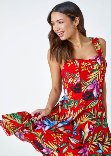 Roman Red Sleeveless Floral Panel Stretch Dress