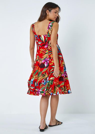 Roman Red Sleeveless Floral Panel Stretch Dress