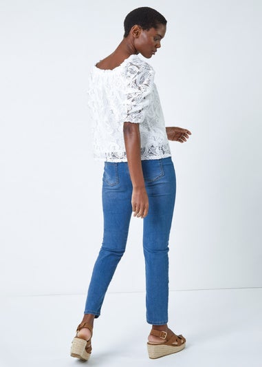Roman Ivory Paisley Lace Ruched Sleeve Bardot Top