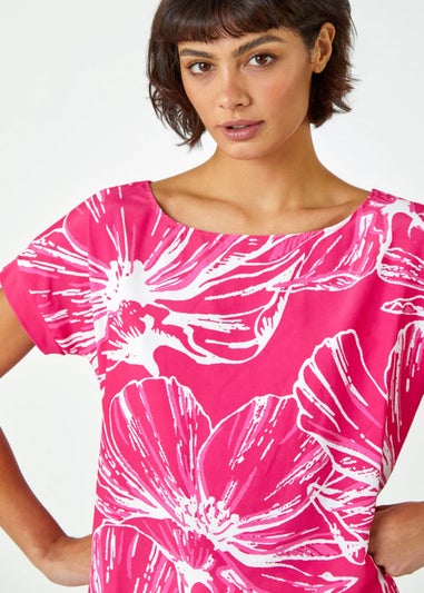 Roman Pink Linear Floral Print Stretch T-Shirt