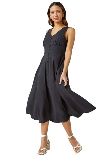 Roman Black Sleeveless Button Detail Cotton Midi Dress