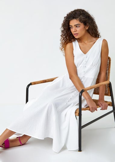 Roman White Button Detail Cotton Midi Dress