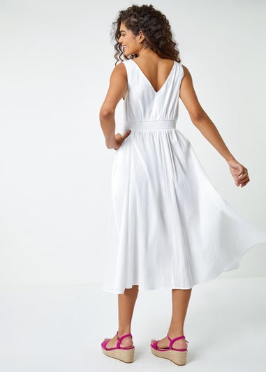 Roman White Button Detail Cotton Midi Dress