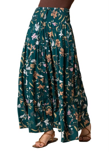 Roman Teal Floral Shirred Waist Maxi Skirt