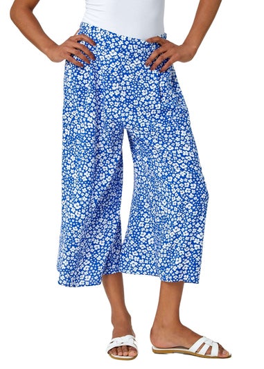 Roman Blue Ditsy Floral Elastic Waist Culotte Trousers