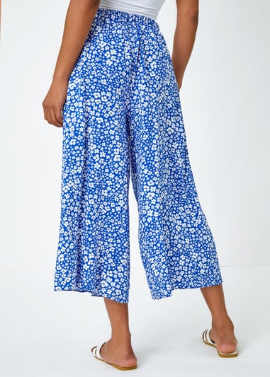 Roman Blue Ditsy Floral Elastic Waist Culotte Trousers