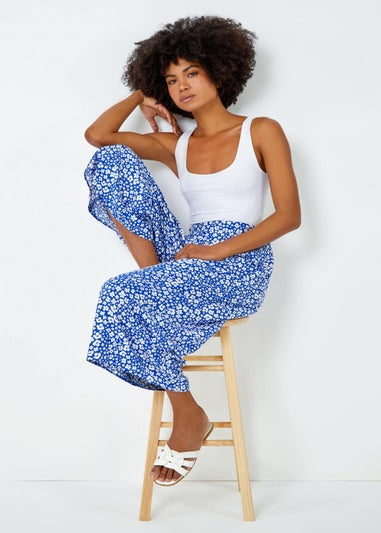 Roman Blue Ditsy Floral Elastic Waist Culotte Trousers