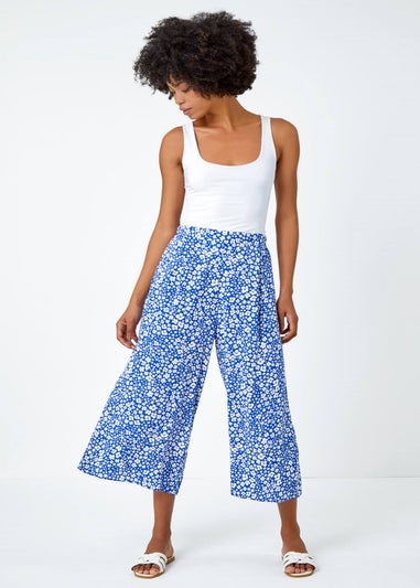 Roman Blue Ditsy Floral Elastic Waist Culotte Trousers