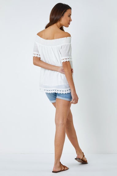 Roman Ivory Lace Detail Shirred Bardot Top
