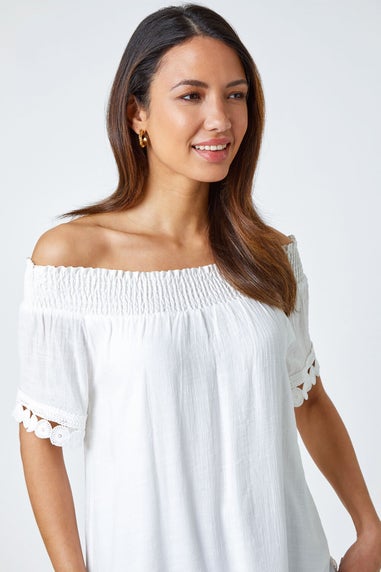 Roman Ivory Lace Detail Shirred Bardot Top