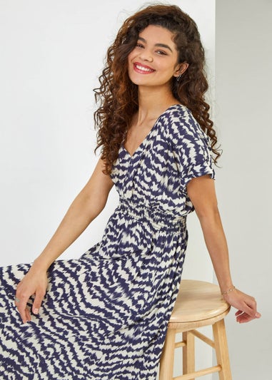 Roman Navy Abstract Print Fit & Flare Dress