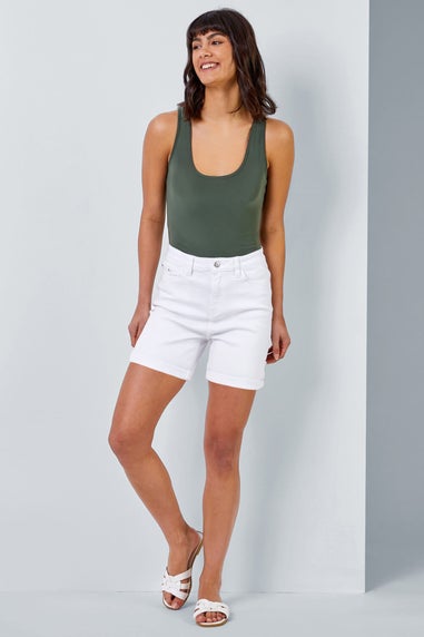 Roman White Stretch Denim Mom Shorts