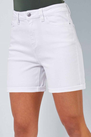 Roman White Stretch Denim Mom Shorts