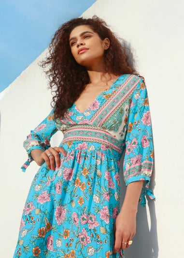 Roman Blue Floral Border Print Maxi Dress