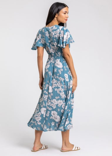 Roman Blue Floral Print Tiered Midi Dress
