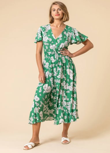Roman Green Floral Print Tiered Midi Dress