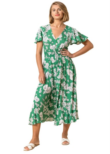 Roman Green Floral Print Tiered Midi Dress