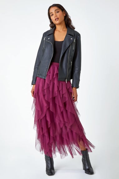 Roman Burgundy Elasticated Mesh Layered Skirt