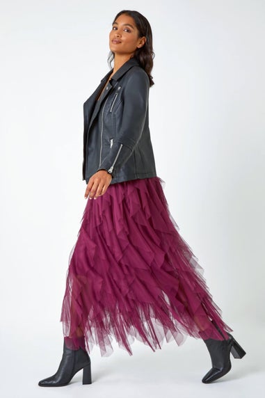 Roman Burgundy Elasticated Mesh Layered Skirt