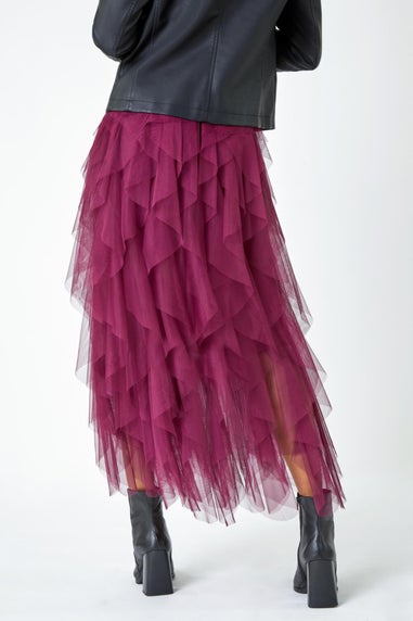 Roman Burgundy Elasticated Mesh Layered Skirt