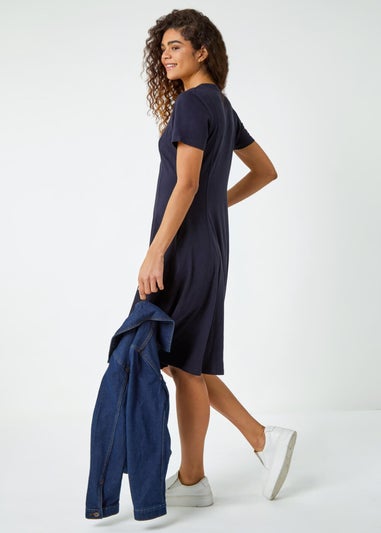 Roman Navy Fit & Flare Cotton Midi Dress