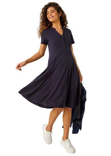 Roman Navy Fit & Flare Cotton Midi Dress