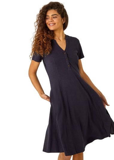 Roman Navy Fit & Flare Cotton Midi Dress