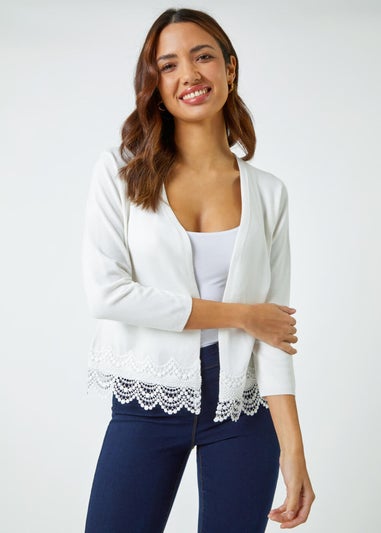 Roman Ivory Scalloped Lace Trim Knitted Shrug