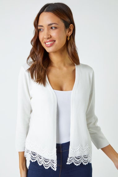 Roman Ivory Scalloped Lace Trim Knitted Shrug
