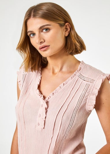 Roman Light Pink Ruffle Detail Cotton Crinkle Top