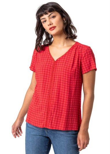 Roman Red Ditsy Embroidered Trim Detail Top