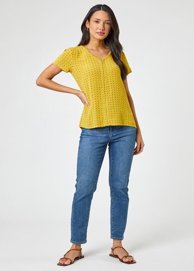 Roman Yellow Ditsy Embroidered Trim Detail Top