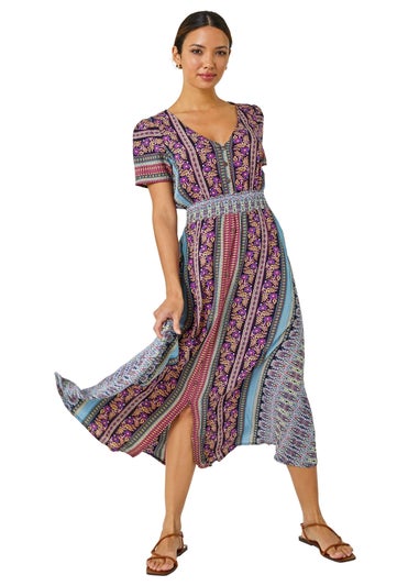 Roman Purple Floral Print Fit and Flare Maxi Dress