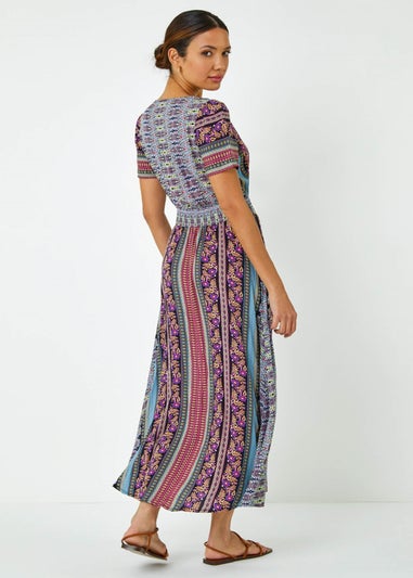 Roman Purple Floral Print Fit and Flare Maxi Dress